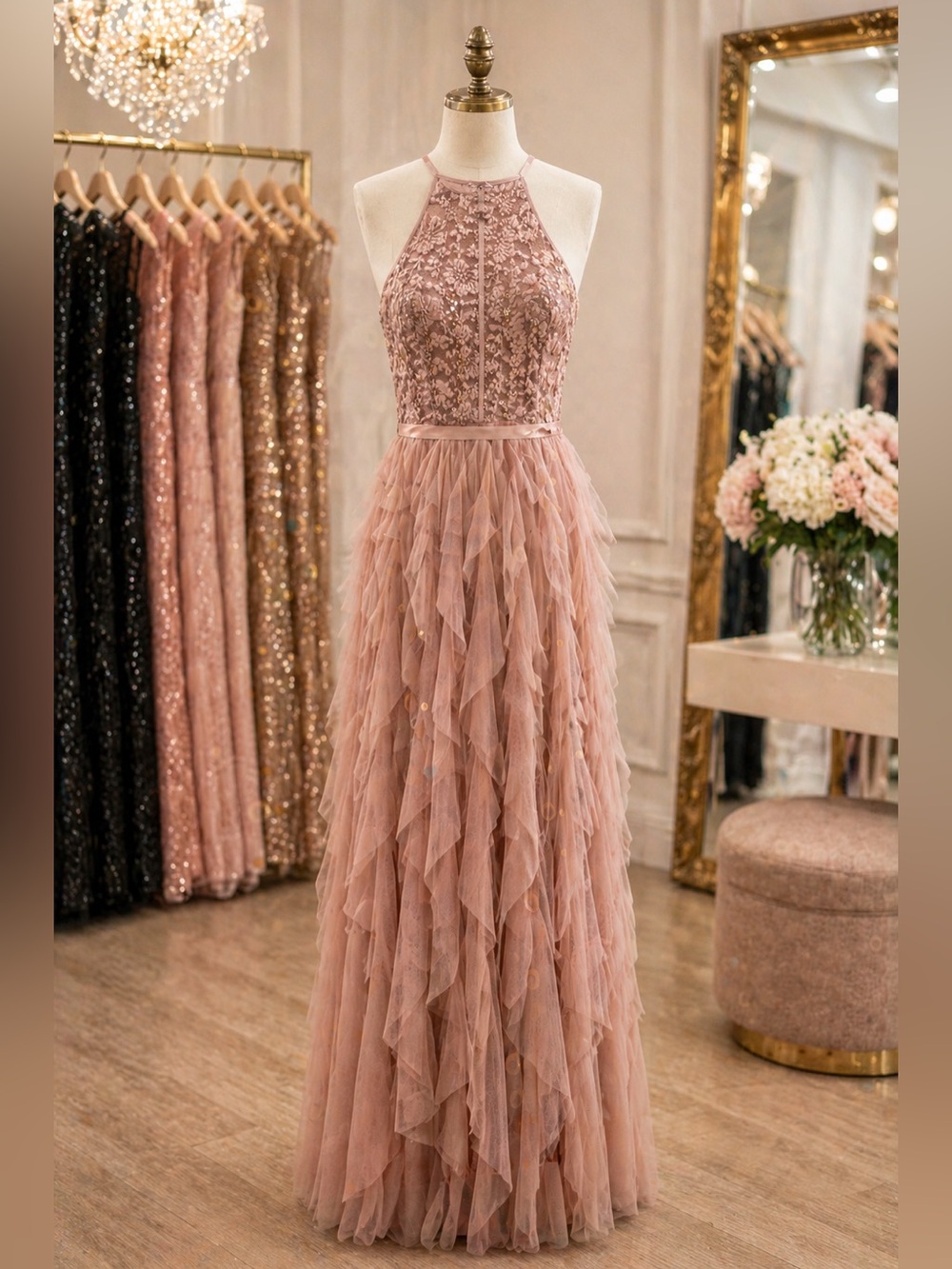 CLEARANCE Blush Lace & Tulle Maxi Dress – Size Small